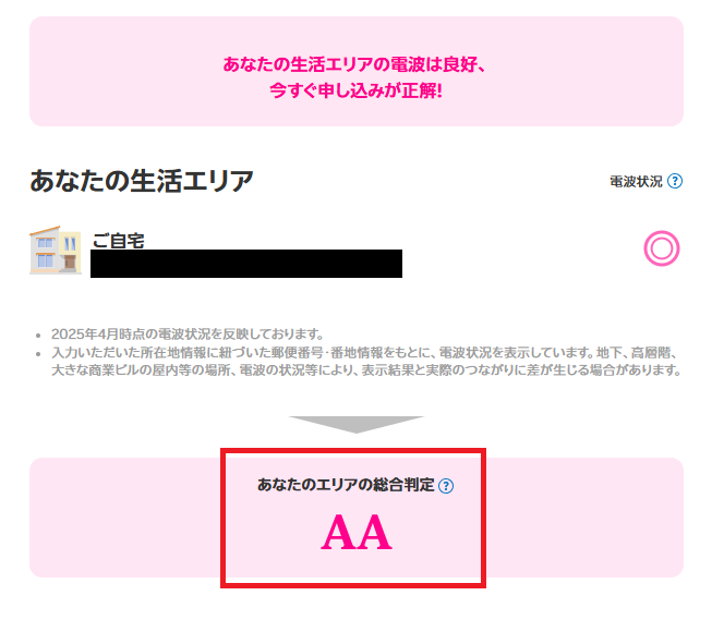 楽天モバイルのmyエリア通信シミュレーションで判定した結果の画像