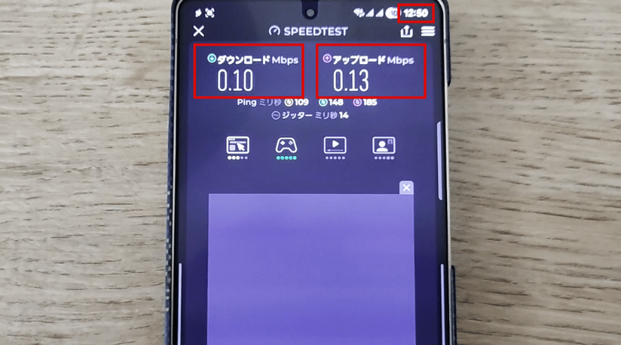 マイそくプレミアム平日昼間（12時50分）の速度制限時に回線速度を計測した結果